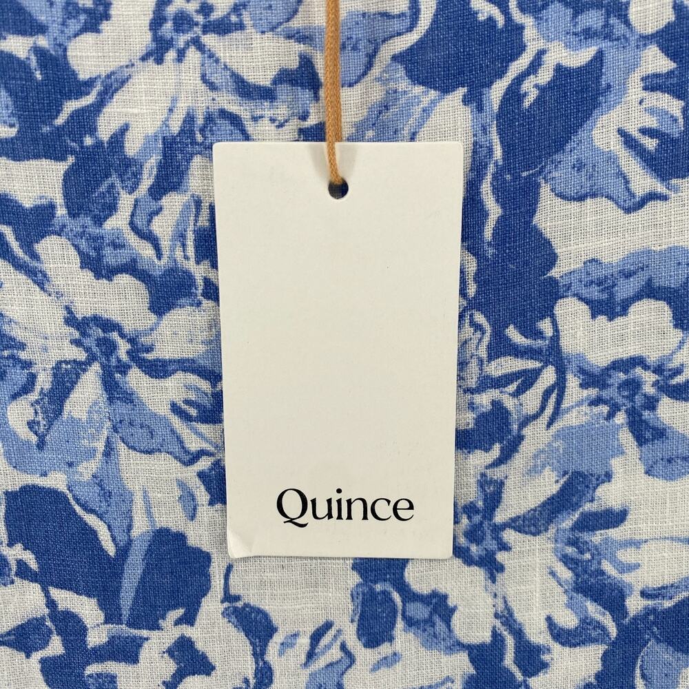 QUINCE Dress M Linen Scoop Neck Midi Sleeveless Floral Smocked Back Blue NEW - Picture 9 of 16